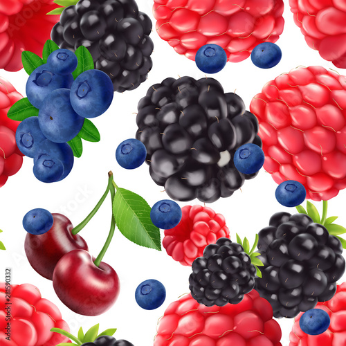 Blackberry blueberry cherry and raspberry seamless pattern. 3d realistic vector berries.