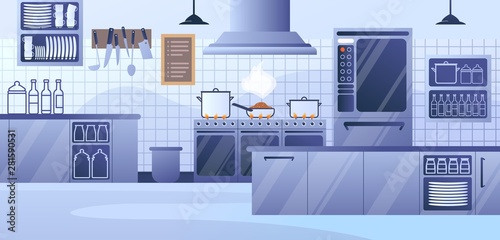 Modern Restaurant Kitchen Interior Flat Vector