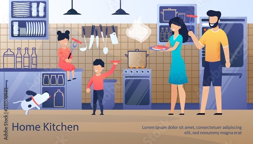 Family Home Kitchen Flat Vector Ad Poster Template