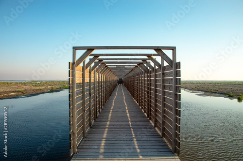 Bridge to bird watching hut on the Markerwadden. Wooden canopy on a jetty that leads to the entrance of a birdwatch view on artificial islands in the Markermeer.