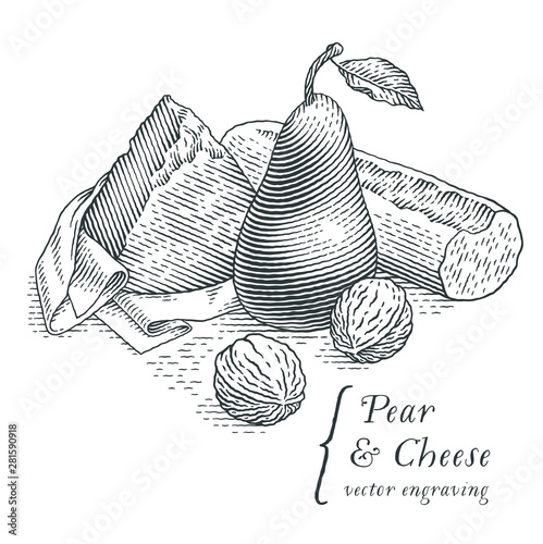 Pear and cheese. Hand drawn engraving style illustrations. 