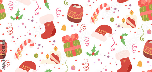 Seamless Christmas pattern on white background. Wallpaper with ornament, hollie, gift, sweet, Santa hat, serpentine and confetti. Festive texture for backgrounds, fabrics and your creativity