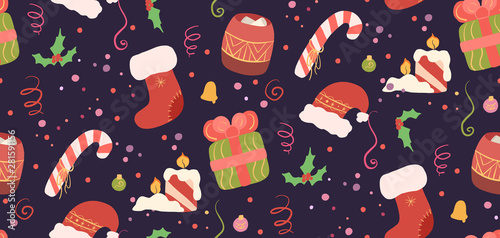 Seamless Christmas pattern on dark background. Wallpaper with ornament, hollie, gift, sweet, Santa hat, serpentine and confetti. Festive texture for backgrounds, fabrics and your creativity