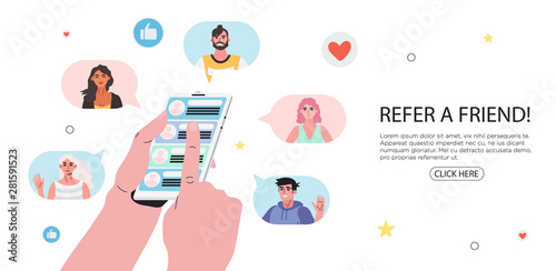Refer a friend concept with cartoon hands holding a phone with a list of friends contacts. Refferal marketing strategy  banner, landing page template, ui, web, mobile app, poster, banner, flyer.