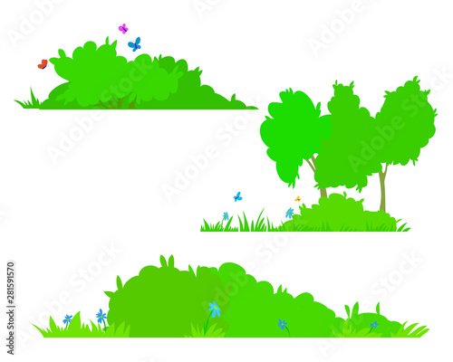 illustration , bushes with grass, butterflies and flowers.