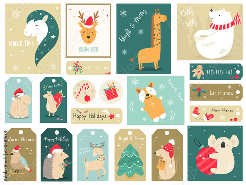 Christmas holiday set with a hand drawn animals. photo