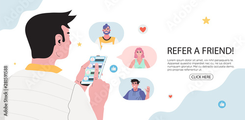 Refer a friend concept with a man holding a phone with a list of his friends contacts. Refferal marketing strategy  banner, landing page template, ui, web, mobile app, poster, banner, flyer.