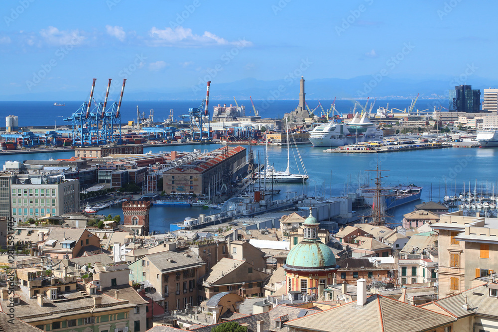 View at the city and the old port of Genoa, Italy