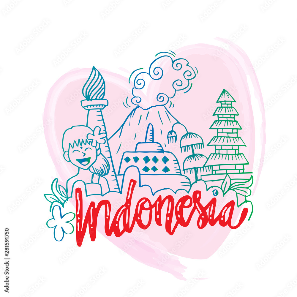  Indonesia icons and landmarks. Hand drawing illustration. 