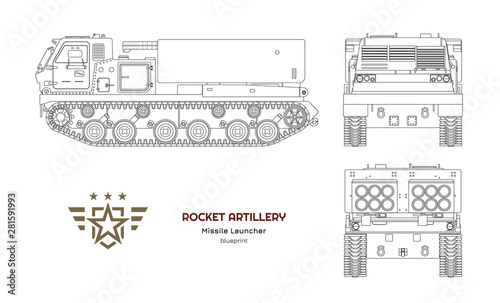 Outline blueprint of missile vehicle. Rocket artillery. Side, front and back view. Drawing of military tractor with jet weapon. Camouflage tank