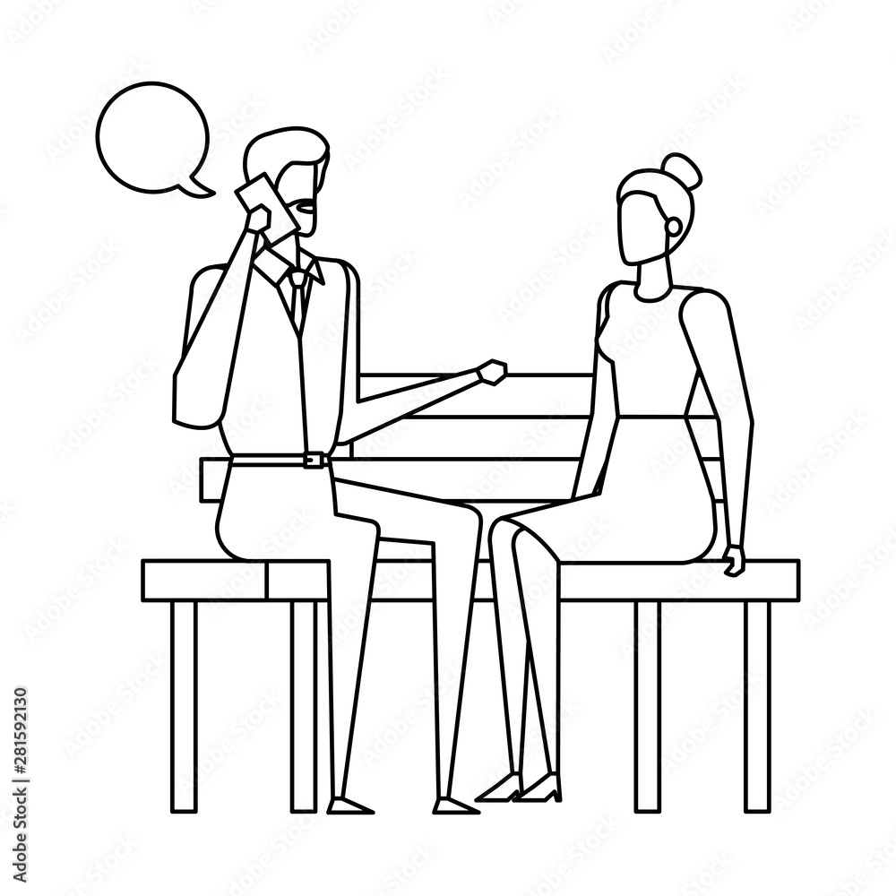 business couple calling in the park chair and speech bubbles business couple calling in the park chair and speech bubbles