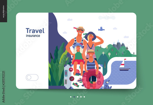 Travel insurance -medical insurance illustration -modern flat vector concept digital illustration - young family with two kids, big suitcase and swimming circle wearing vintage swimsuits at the beach