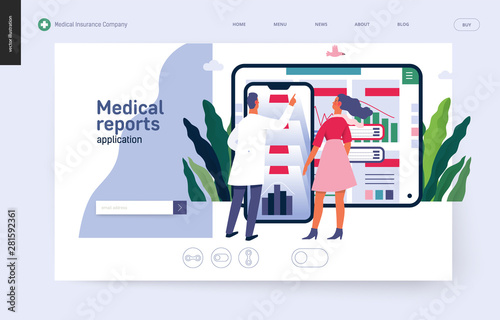 Medical reports application -medical insurance web template -modern flat vector concept digital illustration -patient and a doctor using the medical application with reports and test results, metaphor