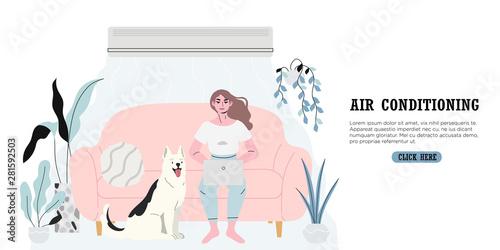 A woman sitting comfortably in a room equiped with an air conditioning or cooling system during hot summer days and escaping heat. A banner with a girl and her dog working or chatting on her laptop.