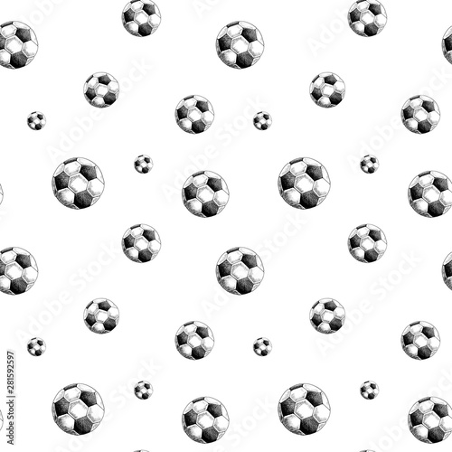 Sport pattern. Football backdrop. Hand drawn seamless background with sketch style soccer balls. Black on white. 