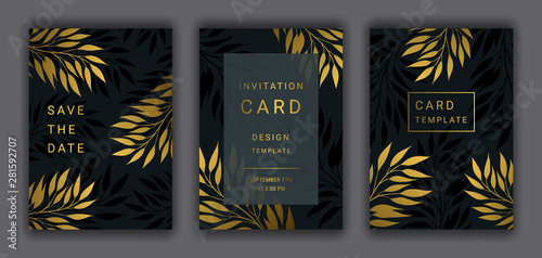 Floral modern wedding invitation Save the date card template set. Elegant golden colored eucalyptus branches, leaves on dark background. Black, luxury gold decor. EPS 10 vector illustration