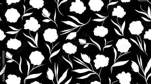 trendy seamless floral pattern. white flowers on black background. vector illustration