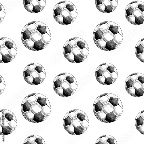 Football backdrop. Hand drawn seamless pattern with sketch style soccer balls. Black on white. Monochrome vector background.