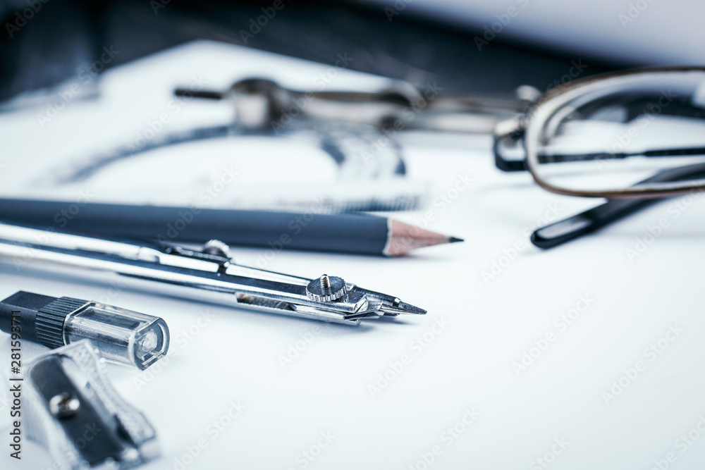 Work with the drawing. Desktop for the architect Work with the drawing. Desktop for the architect