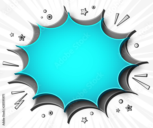 Comics background. Cartoon poster in pop art style with grey - blue speech bubbles with halftone and sound effects. Funny colorful banner with place for text on white backdrop with radial stripes