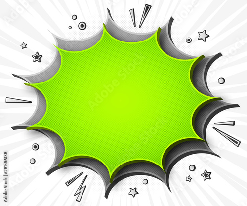Comics background. Cartoon poster in pop art style with green - grey speech bubbles with halftone and sound effects. Funny colorful banner with place for text on white backdrop with radial stripes