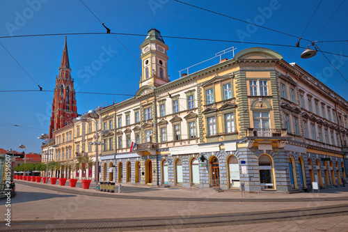Osijek main square and cathedral street view