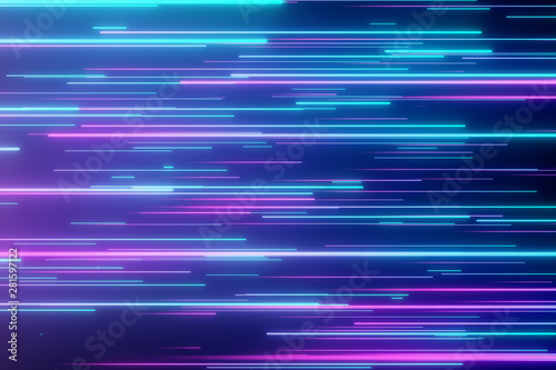 Abstract directional neon lines geometric background. Data flow. Optical fiber. Explosion star. Motion effect. Modern light spectrum, fluorescent ultraviolet light. 3d illustration