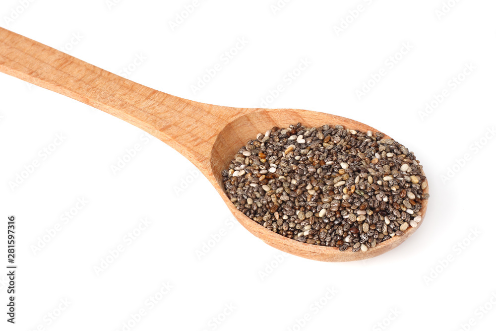 Chia seeds in wooden spoon isolated on white background. Chia seeds in wooden spoon isolated on white background.