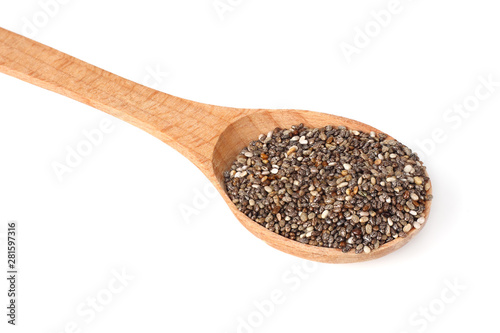 Chia seeds in wooden spoon isolated on white background.