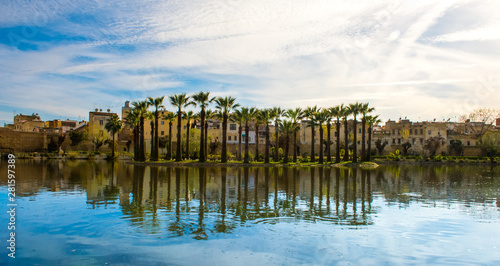 Jnan Sbil or Bou Jeloud garden, Royal Park in Fez with lake and palms, Fez Morocco