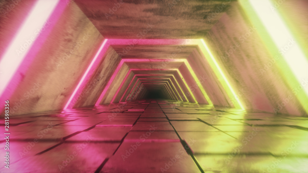 Flying in futuristic tunnel with fluorescent ultraviolet lights. Sci-fi interior corridor. Modern neon light spectrum. 3D illustration