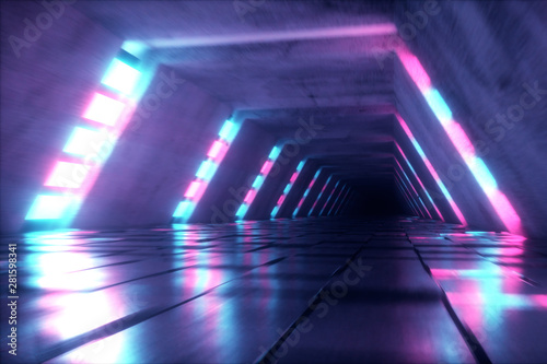 Flying in futuristic tunnel with fluorescent ultraviolet lights. Sci-fi interior corridor. Modern neon blue purple light spectrum. 3D illustration