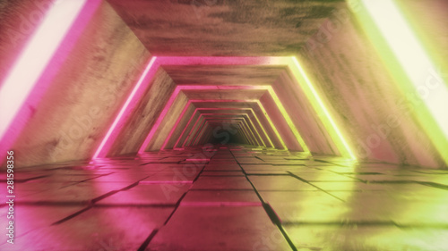 Fototapeta Naklejka Na Ścianę i Meble -  Flying in futuristic tunnel with fluorescent ultraviolet lights. Sci-fi interior corridor. Modern neon light spectrum. 3D illustration
