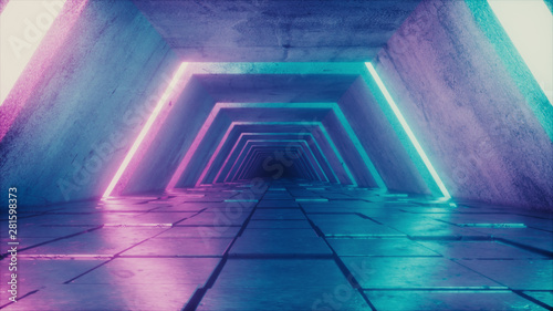 Fototapeta Naklejka Na Ścianę i Meble -  Flying in futuristic tunnel with fluorescent ultraviolet lights. Sci-fi interior corridor. Modern neon blue purple light spectrum. 3D illustration