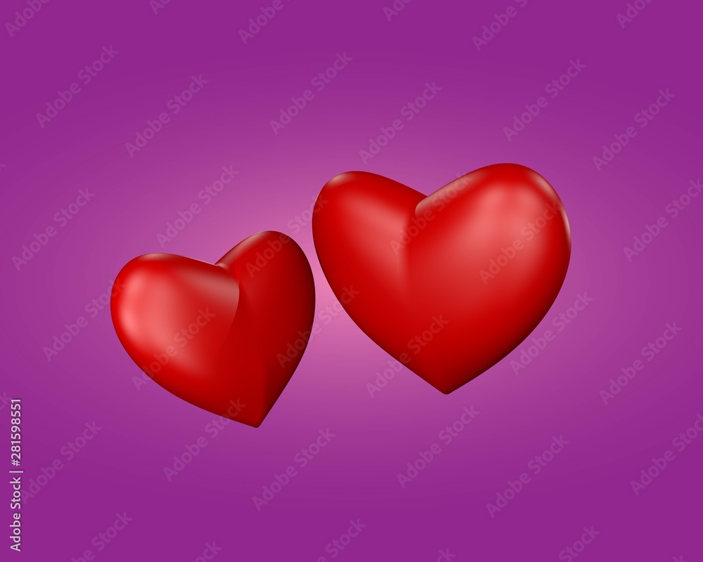 3D illustration of two hearts on a pink background