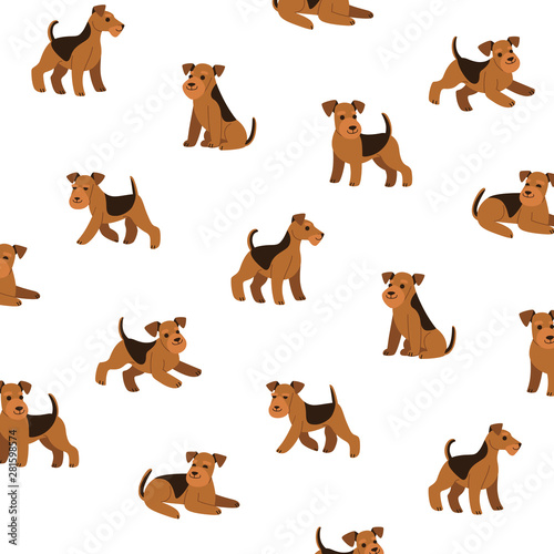 Cartoon happy airedale terrier - simple trendy pattern with dogs. Flat vector illustration for prints, clothing, packaging and postcards. 