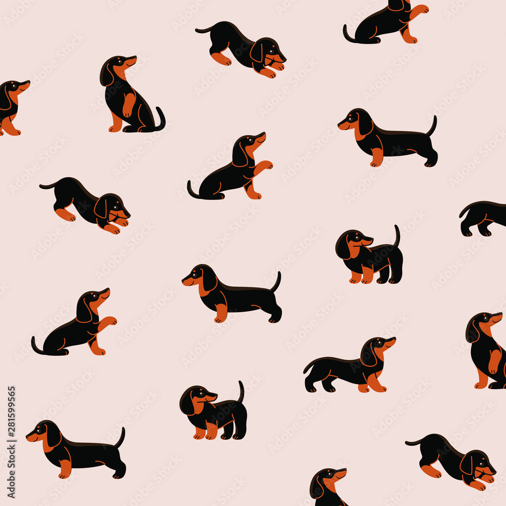 Cartoon happy black dachshund - simple trendy pattern with dogs. Flat vector illustration for prints, clothing, packaging and postcards. 