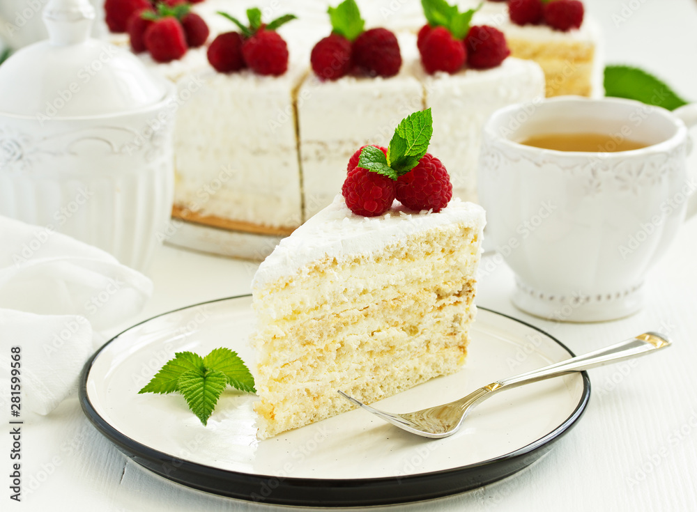 raspberry and cream cake. Selective focus. raspberry and cream cake. Selective focus.