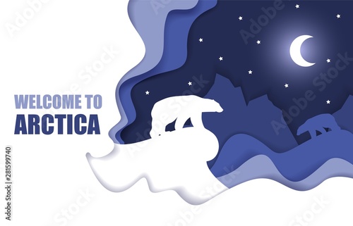 Welcome to Arctic poster, vector paper cut illustration