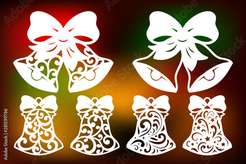 Laser cut christmas bell set with pattern of snowflakes and swirls. Xmas decorations cutting templates collection, vector.