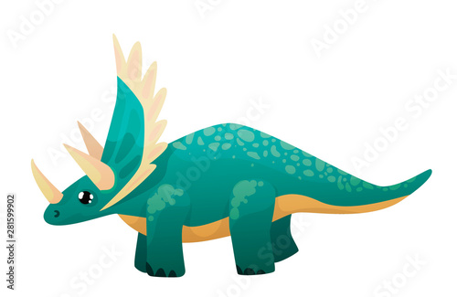 Blue cute triceratops with big eyes full length in profile with white horns and a crest, cartoon style, on a white background, isolated.