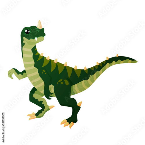 The predatory dinosaur  ceratosaurus  looks like a tirex  a full-grown green darling with big eyes on an isolated white background  with a raised paw standing on its hind legs. Dinosaur has a horn