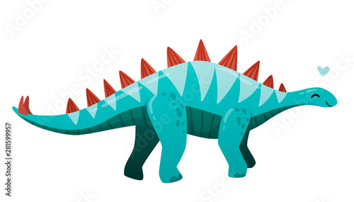 Little cute turquoise blue stegosaurus with a red ridge, closed his heart over his head, a smile. Bright triangular stripes on the back, cartoon style, isolated on white background.