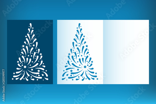 Laser cut Christmas card template with christmas tree cutout from paper. Invitation for Christmas party or Greeting card. Image suitable for laser cutting, plotter cutting or printing.