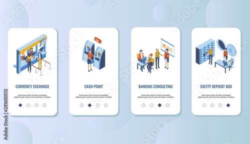 Bank services mobile app onboarding screens vector template