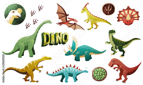 A large set of several dinosaurs  dinosaur footprints  the word DINO  drawn in one style  color  for the decoration of textiles  children s books. On a white background  isolated. Cute fossil animals 