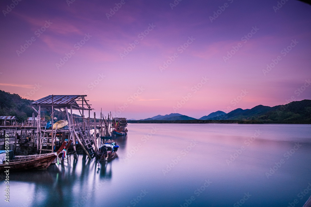 long exposure of fisherman port in dusk and scenery is beautiful of rural in Thailand,Koh yao yai,Phang Nga