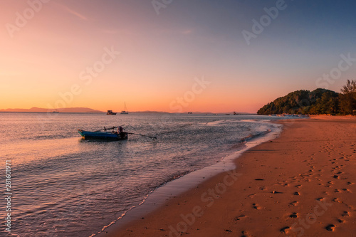 scenery of long beach and quiet there is boat in coast at sea south Thailand,Koh yao yai,Phang Nga © phungatanee