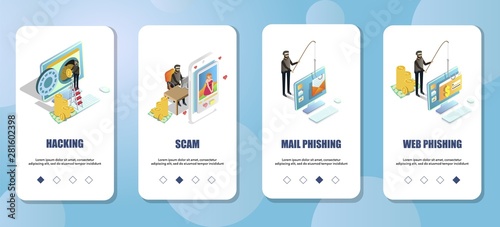 Cyber crimes mobile app onboarding screens vector template