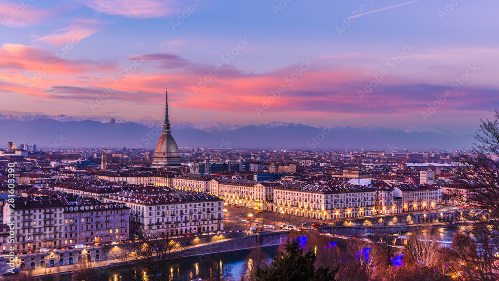 Landscape of Turin, from Monte dei Cappuccini at sunset, Italy.